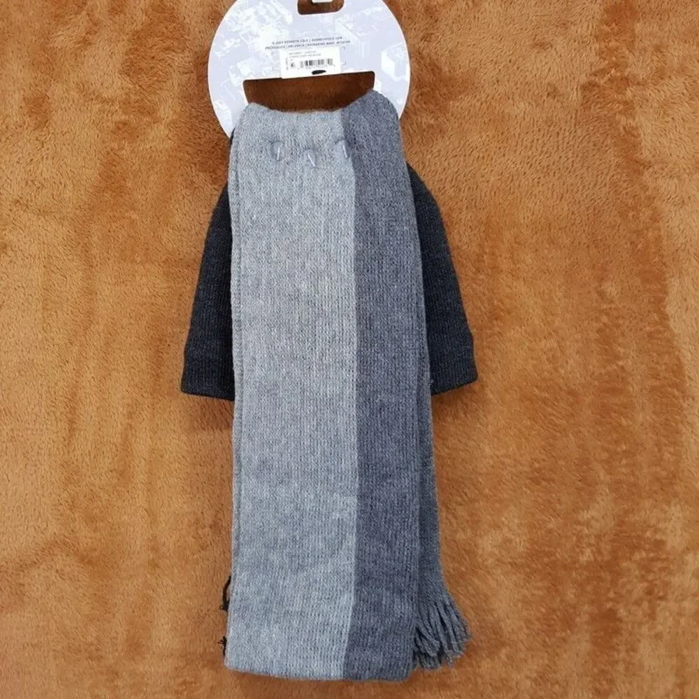KENNETH COLE REACTION Mens Beanie Hat Scarf Grey Stripe Knit Logo Fringe Set